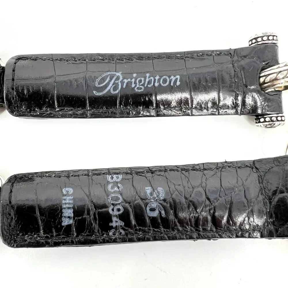 Brighton Black Reptile Embossed Leather and Silver Concho and Clasp Belt Size 36